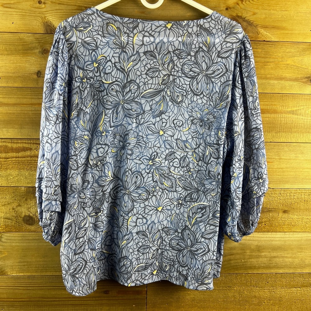 Zac & Rachel Womens Shirt 3/4 Tiered Sleeve Vneck Button Up Floral Blue Boho XL - Picture 5 of 7